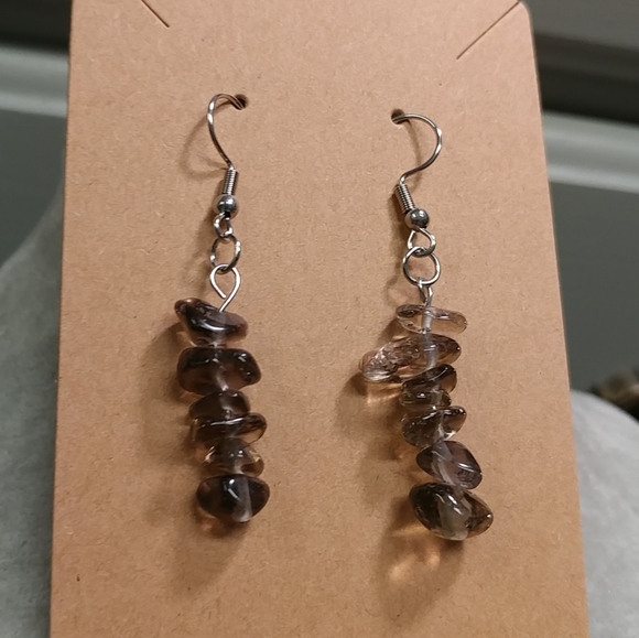 Smoky Quartz Earrings Natural Gemstone Crystal Bead Surgical Stainless-Steel - Picture 7 of 11